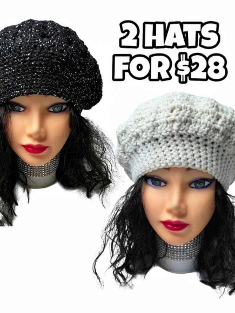 Handmade Knit Berets 2-Pack Black & Cream Like New